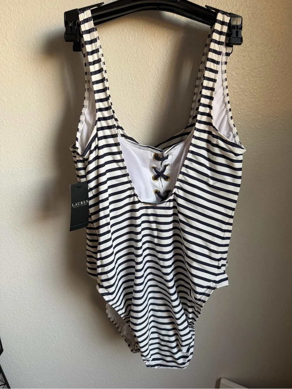 NWT Lauren Ralph Lauren Striped Lace-Up One Piece Sz 16